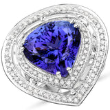 14.51 Carat Genuine Tanzanite and White Diamond 18K White Gold Ring