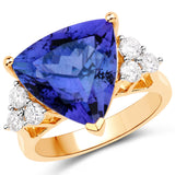 10.90 Carat Genuine Tanzanite and White Diamond 18K Yellow Gold Ring