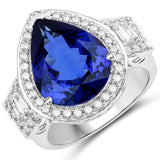 9.25 Carat Genuine Tanzanite and White Diamond 18K White Gold Ring