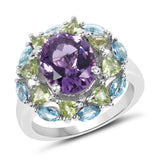 4.12 Carat Genuine Amethyst, Swiss Blue Topaz and Peridot .925 Sterling Silver Ring