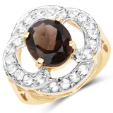 14K Yellow Gold Plated 3.87 Carat Genuine Smoky Quartz and White Topaz .925 Sterling Silver Ring