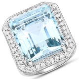 16.85 Carat Genuine Aquamarine and White Diamond 14K White Gold Ring