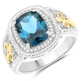 3.59 Carat Genuine London Blue Topaz & White Diamond 14K Yellow Gold with .925 Sterling Silver Ring