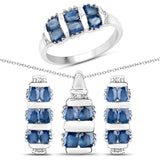 4.43 Carat Genuine Blue Sapphire White Topaz .925 Silver 3 Pc Jewelry Set Ring Earring Pendant Chain