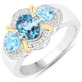 1.64 Carat Genuine London Blue Topaz, Swiss Blue Topaz and White Diamond .925 Sterling Silver Ring