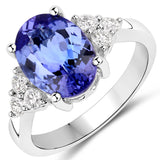 3.89 ct Genuine Tanzanite and White Diamond 14K White Gold Ring