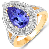 3.62 Carat Genuine Tanzanite and White Diamond 14K Yellow Gold Ring