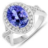 4.82 Carat Genuine Tanzanite and White Diamond 14K White Gold Ring