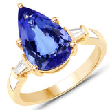 3.78 Carat Genuine Tanzanite and White Diamond 14K Yellow Gold Ring