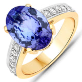 4.06 Carat Genuine Tanzanite and White Diamond 14K Yellow Gold Ring