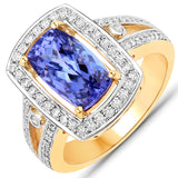 3.77 Carat Genuine Tanzanite and White Diamond 14K Yellow Gold Ring