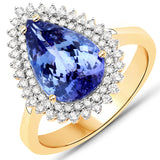 4.30 Carat Genuine Tanzanite and White Diamond 14K Yellow Gold Ring