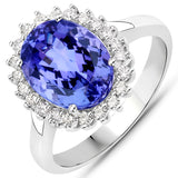 4.35 Carat Genuine Tanzanite and White Diamond 14K White Gold Ring