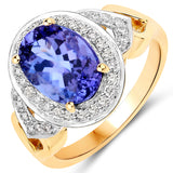 3.49 Carat Genuine Tanzanite and White Diamond 14K Yellow Gold Ring