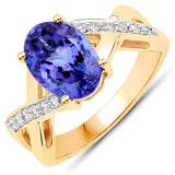 3.17 Carat Genuine Tanzanite and White Diamond 14K Yellow Gold Ring