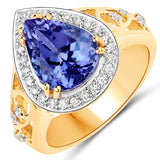 4.13 Carat Genuine Tanzanite and White Diamond 14K Yellow Gold Ring
