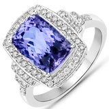 4.31 Carat Genuine Tanzanite and White Diamond 14K White Gold Ring