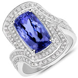 6.62 Carat Genuine Tanzanite and White Diamond 14K White Gold Ring
