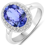 3.30 Carat Genuine Tanzanite and White Diamond 14K White Gold Ring
