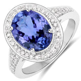 3.41 Carat Genuine Tanzanite and White Diamond 14K White Gold Ring