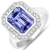 3.83 Carat Genuine Tanzanite and White Diamond 14K White Gold Ring