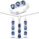 4.08 Carat Genuine Blue Sapphire .925 Silver 3 Piece Jewelry Set (Ring Earring & Pendant w/ Chain)