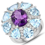 9.50 Carat Genuine Amethyst, Blue Topaz and White Topaz .925 Sterling Silver Ring