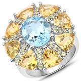 9.04 Carat Genuine Blue Topaz, Citrine and Peridot .925 Sterling Silver Ring