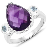 4.51 Carat Genuine Amethyst and Blue Topaz .925 Sterling Silver Ring