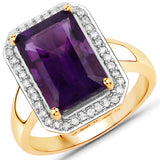 3.42 Carat Genuine Amethyst and White Diamond 14K Yellow Gold Ring