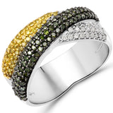 0.76 Carat Genuine Yellow Diamond, Green Diamond and White Diamond .925 Sterling Silver Ring