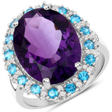 8.18 Carat Genuine Amethyst, Apatite and White Topaz .925 Sterling Silver Ring