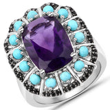 6.03 Carat Genuine Amethyst, Turquoise and Black Spinel .925 Sterling Silver Ring