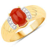 1.60 Carat Genuine Red Coral and White Diamond .925 Sterling Silver Ring