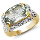 14K Yellow Gold Plated 6.81 Carat Genuine Green Amethyst & White Topaz .925 Sterling Silver Ring