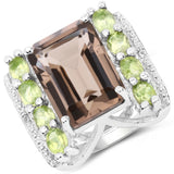 8.49 Carat Genuine Smoky Quartz, Peridot & White Topaz .925 Sterling Silver Ring
