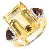 12.54 Carat Genuine Citrine, Garnet and White Diamond 14K Yellow Gold Ring