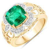 3.33 Carat Genuine Zambian Emerald and White Diamond 14K Yellow Gold Ring
