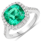 4.74 Carat Genuine Zambian Emerald and White Diamond 18K White Gold Ring