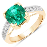 3.31 Carat Genuine Zambian Emerald and White Diamond 14K Yellow Gold Ring