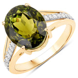 5.67 Carat Genuine Rarest Olive Green Brazilian Tourmaline and White Diamond 14K Yellow Gold Ring