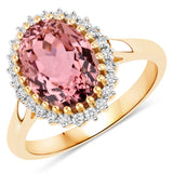 3.91 Carat Genuine Pink Tourmaline and White Diamond 14K Yellow Gold Ring