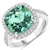 6.51 Carat Genuine Rarest Bottle Green Tourmaline and White Diamond 14K White Gold Ring