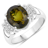 4.68 Carat Genuine Ratest Olive Green Brazilian Tourmaline and White Diamond 14K White Gold Ring