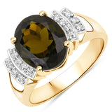 3.62 Carat Genuine Ratest Olive Green Brazilian Tourmaline and White Diamond 14K Yellow Gold Ring