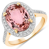 4.80 Carat Genuine Pink Tourmaline and White Diamond 14K Yellow Gold Ring