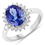 3.20 Carat Genuine Tanzanite and White Diamond 14K White Gold Ring