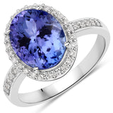 3.94 Carat Genuine Tanzanite and White Diamond 14K White Gold Ring