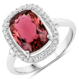 3.16 Carat Genuine Pink Tourmaline and White Diamond 14K White Gold Ring