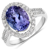 4.39 Carat Genuine Tanzanite and White Diamond 14K White Gold Ring